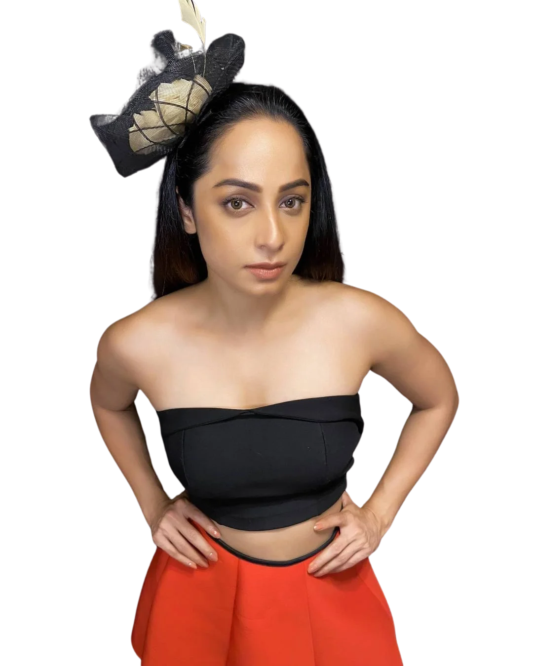 Ansha Sayed in Black blose and red paint